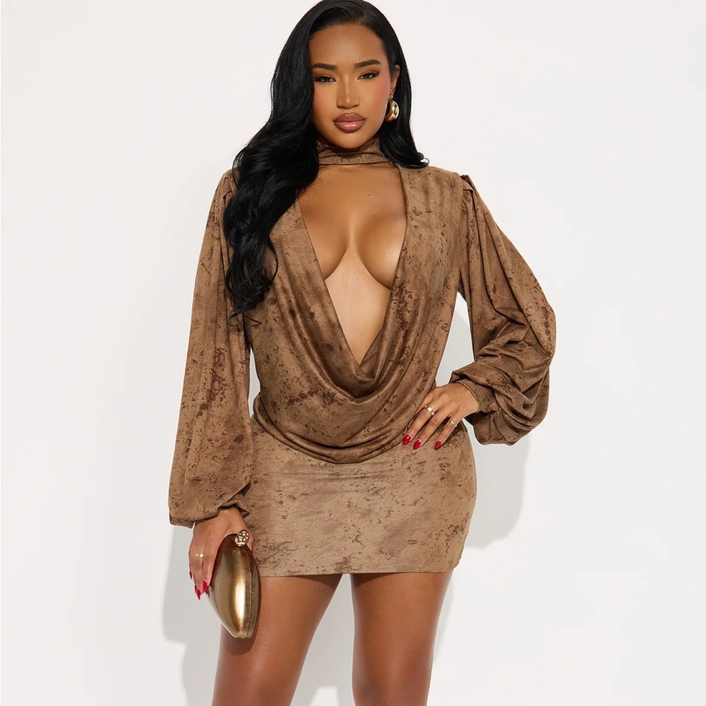 Plunging Cowl Neck Brown Velvet Mini Dress